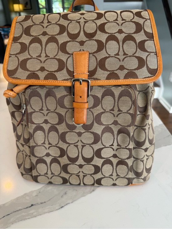 Coach Handbags - Coach Signature Canvas & Leather Backpack | Brown/Tan | Orange Interior